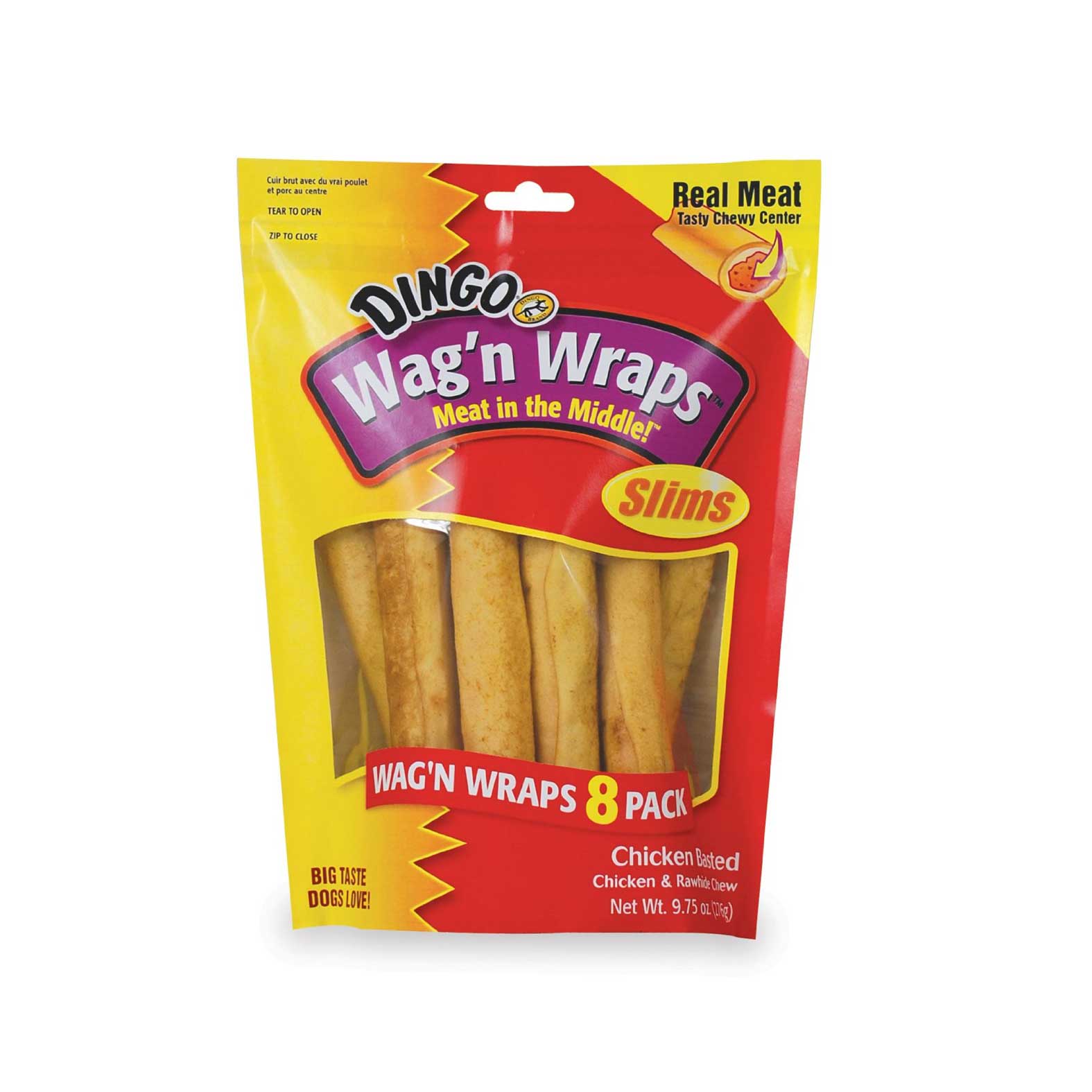 "Dingo Wag'n Wraps Slims Chicken Basted Rawhide Chews, 8-count"